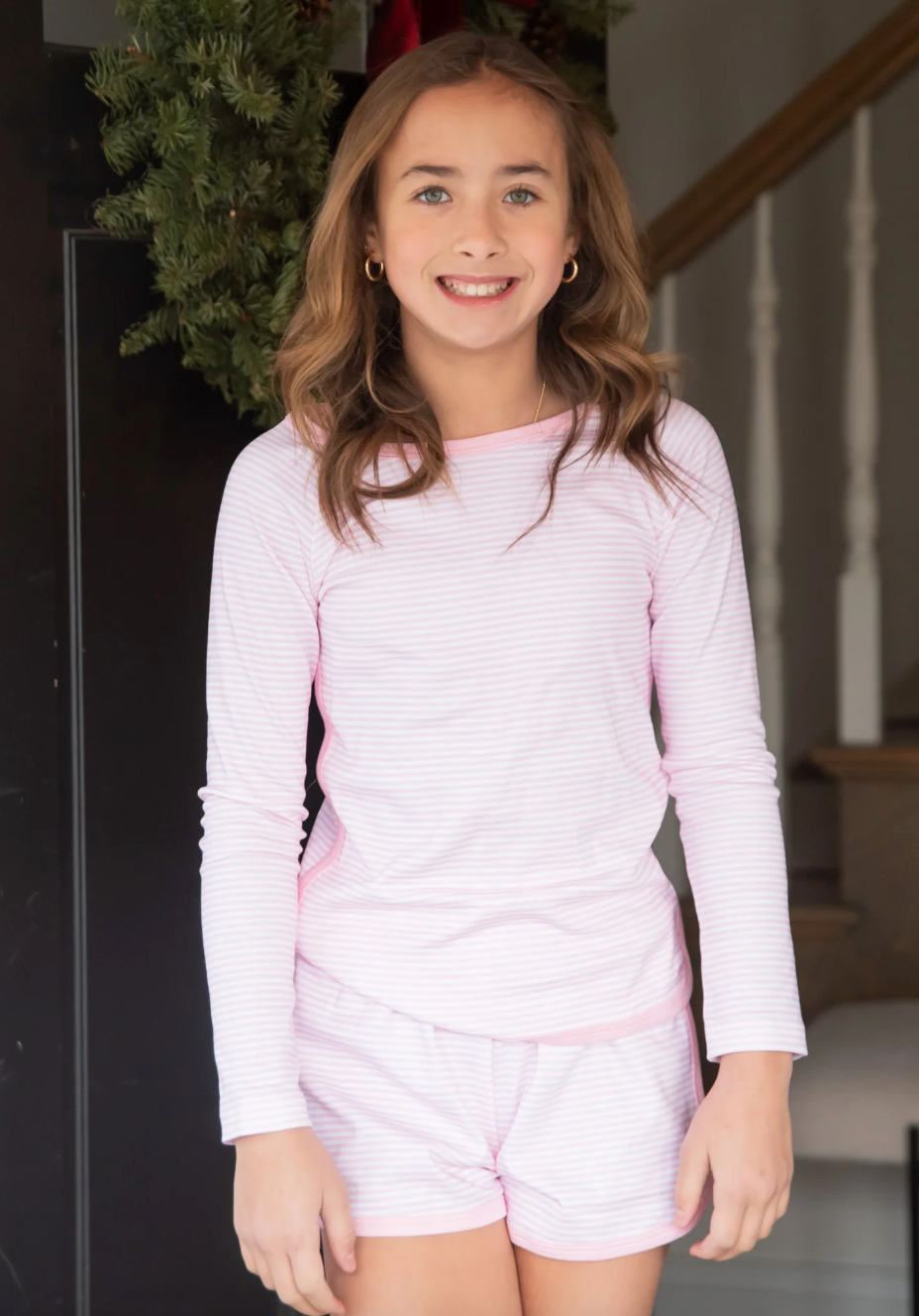 Basics Long Sleeve/Short Lounge Set - Pink Stripe from Anderson Parker