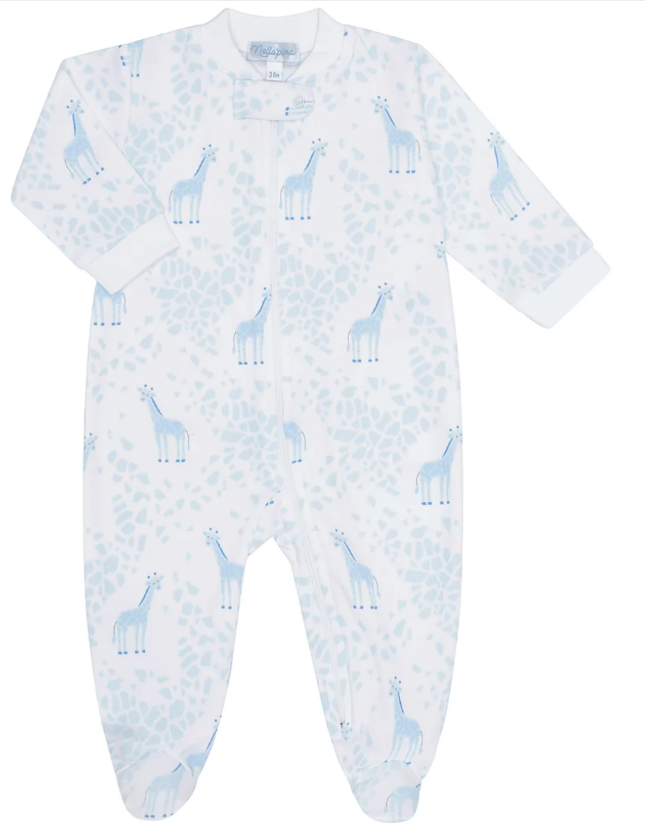 Blue Giraffe Print Zipper Footie from Anderson Parker