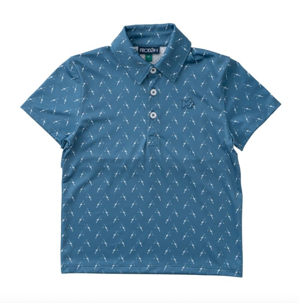 Boys Pro Performance Polo - Copen Blue Fishing Rod Print from Anderson Parker