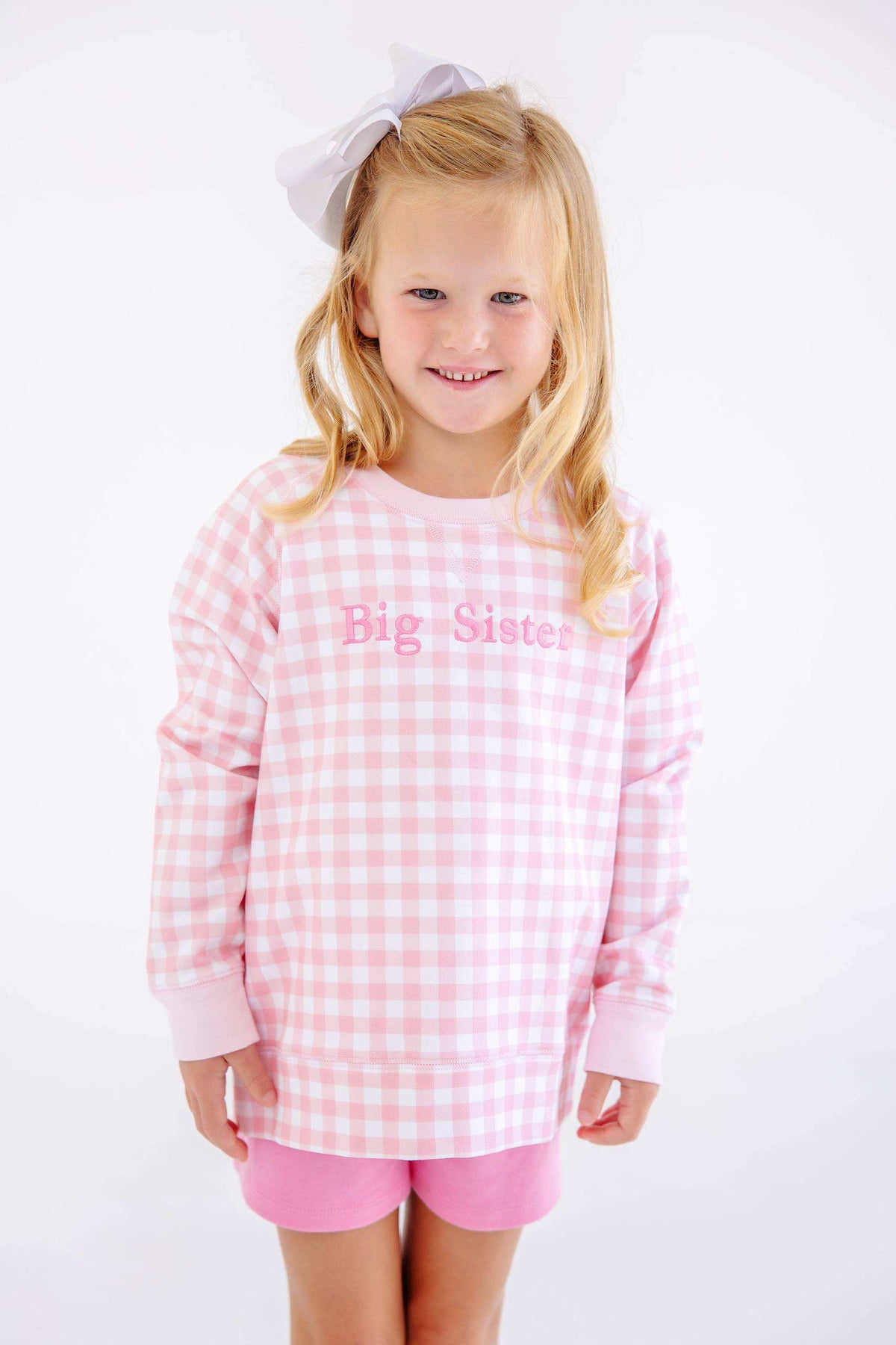 Cassidy Comfy Crewneck - Girls - French Terry - Palm Beach Pink Gingham/Palm Beach Pink/Hamptons Hot Pink/Big Sister from Anderson Parker