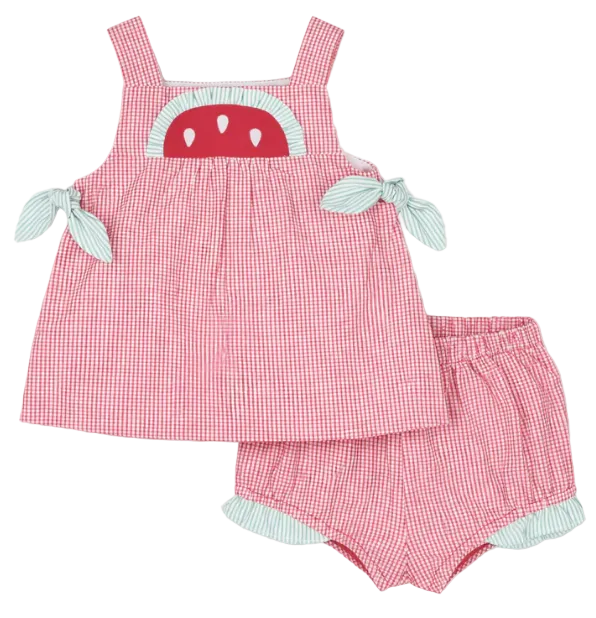 Check Seersucker Dress & Bloomer With Watermelon from Anderson Parker