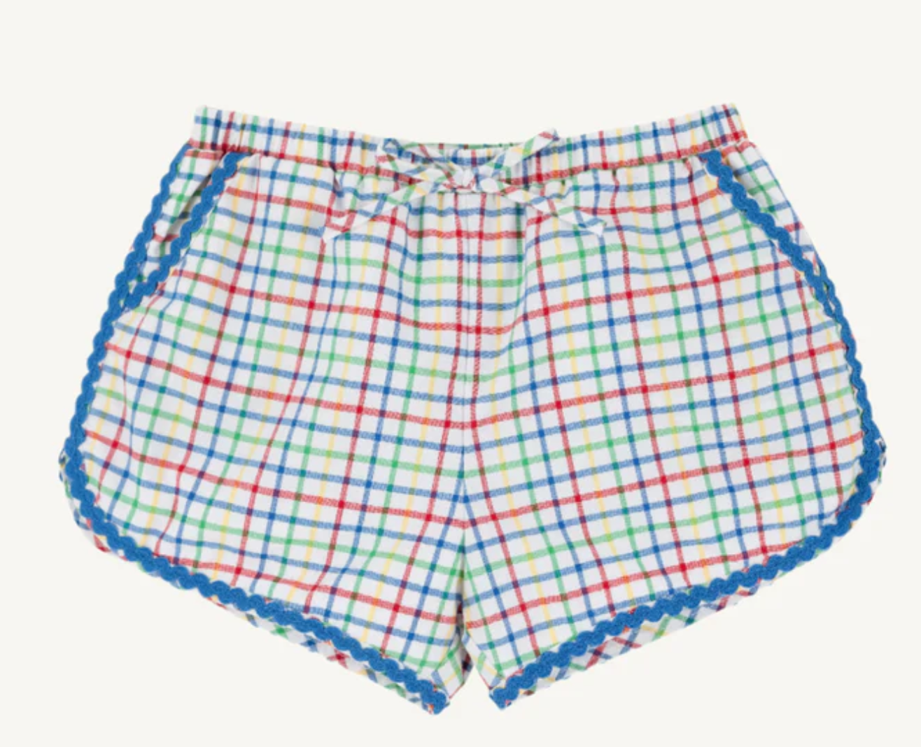 Cheryl Shorts - Kindness Wins Windowpane with Wood Boat Blue Ricrac Trim from Anderson Parker