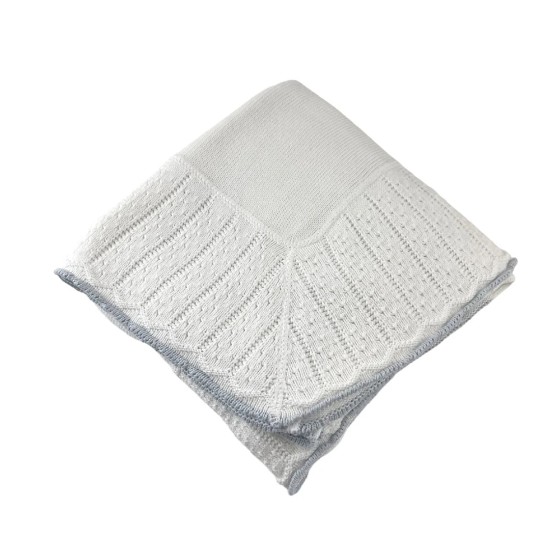 Cotton Jersey Baby Blanket with Knitted Color-Tipped Pointelle Border - Blue from Anderson Parker