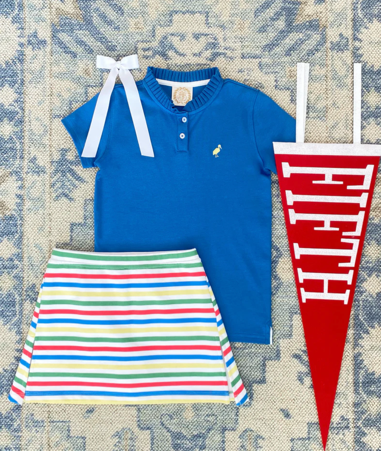 Little Miss Prim & Proper Polo - Wood Boat Blue with Worth Avenue White & Seaside Sunny Yellow Stork from Anderson Parker