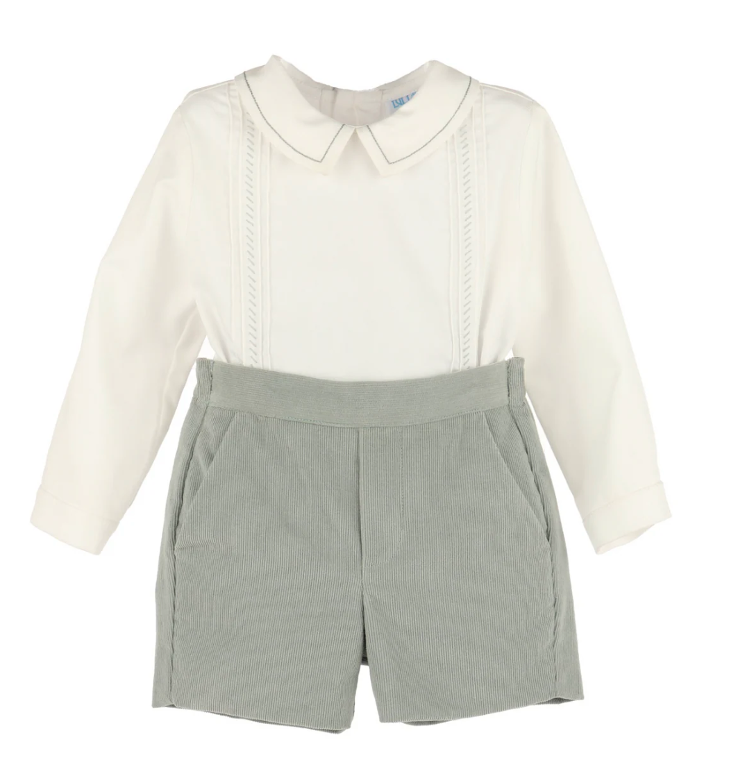 Luli & Me Boys Cozy Cord Shorts Set - Embroidered Shirt - Green from Anderson Parker