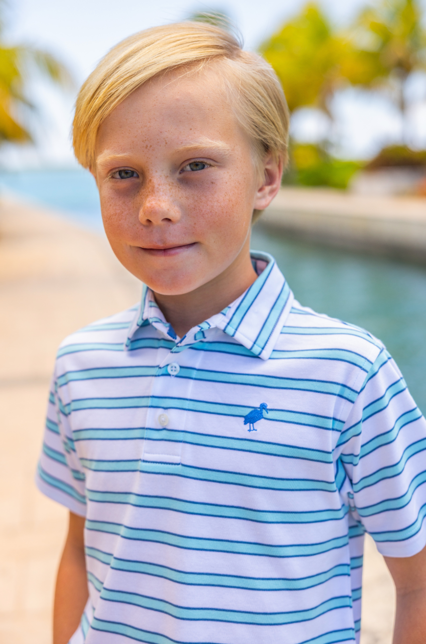 Prim and Proper Polo - Worth Ave White Belhaven Blue and Wood Boat Blue Stripe/Wood Boat Blue from Anderson Parker