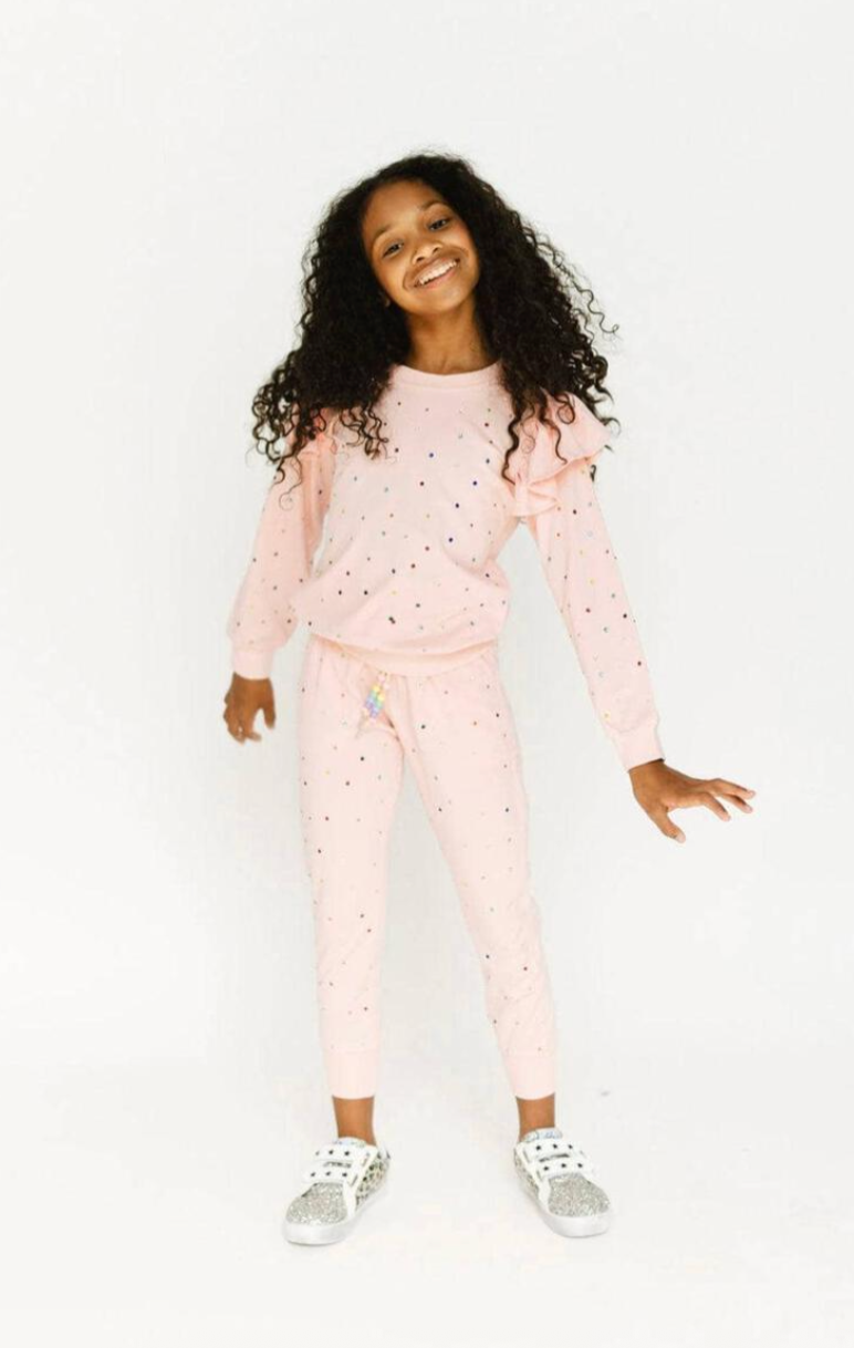 Rainbow Crystal Ruffle Jogger Set from Anderson Parker