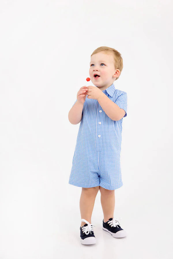 Sir Proper's Romper - Sunrise Blvd. Blue Mini Gingham with Worth Avenue White from Anderson Parker