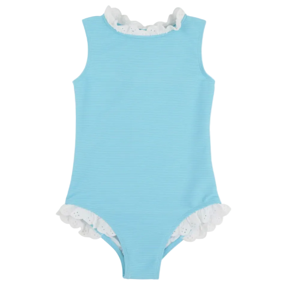 Sleeveless Sarasota Surf Suit - Belhaven Blue with Worth Avenue White Eyelet from Anderson Parker