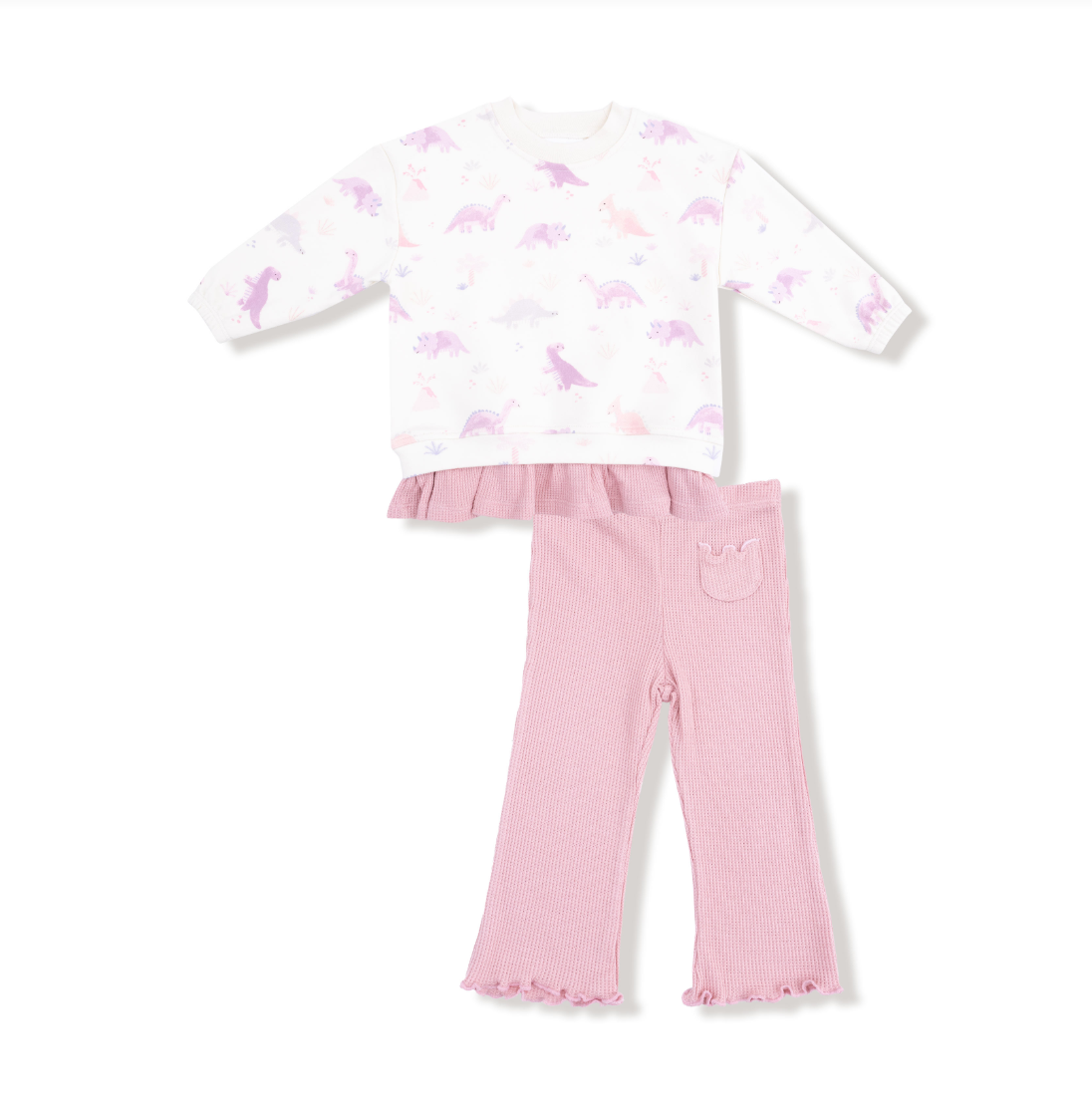 Soft Dinos - French Terry - Purple - Pull Over Sweatshirt With Ruffle And Waffle Flare Pant from Anderson Parker