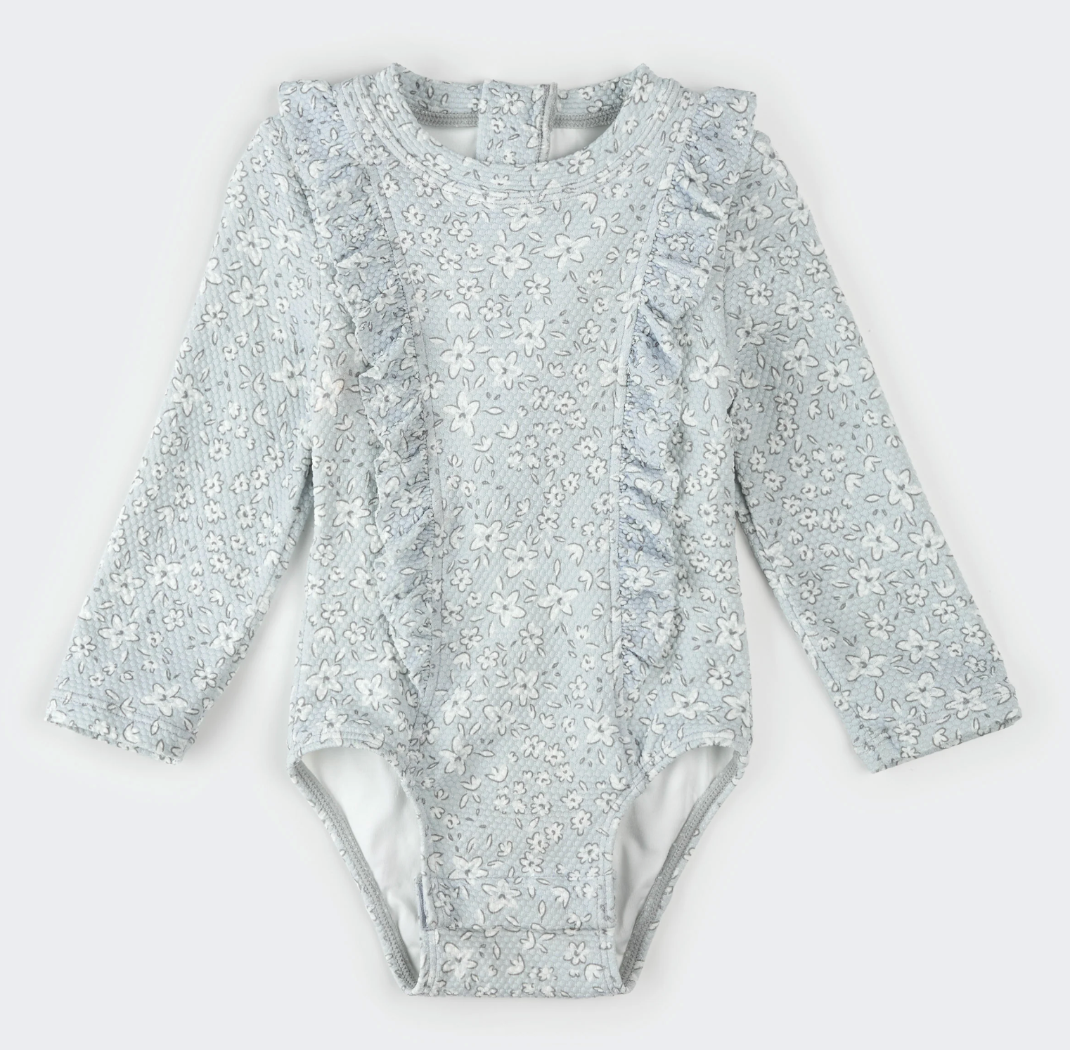 Vintage Flowers Print on Powder Blue Long-Sleeve One-Piece Swimsuit from Anderson Parker