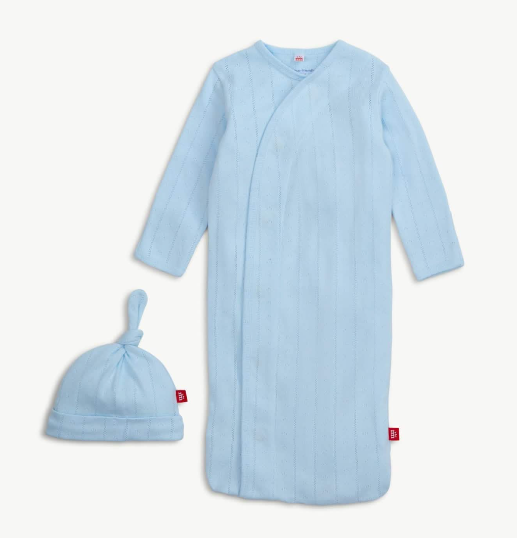 love lines blue organic cotton pointelle magnetic cozy sleeper gown + hat set from Anderson Parker
