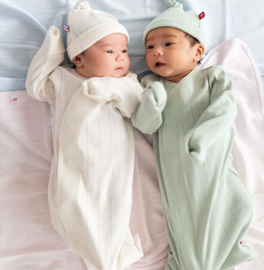 love lines tofu organic cotton pointelle magnetic cozy sleeper gown + hat set from Anderson Parker