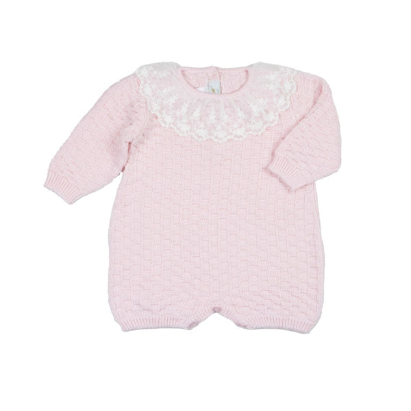 Baby Girl Basketweave Knit Romper with Lace Collar — Pink from Anderson Parker