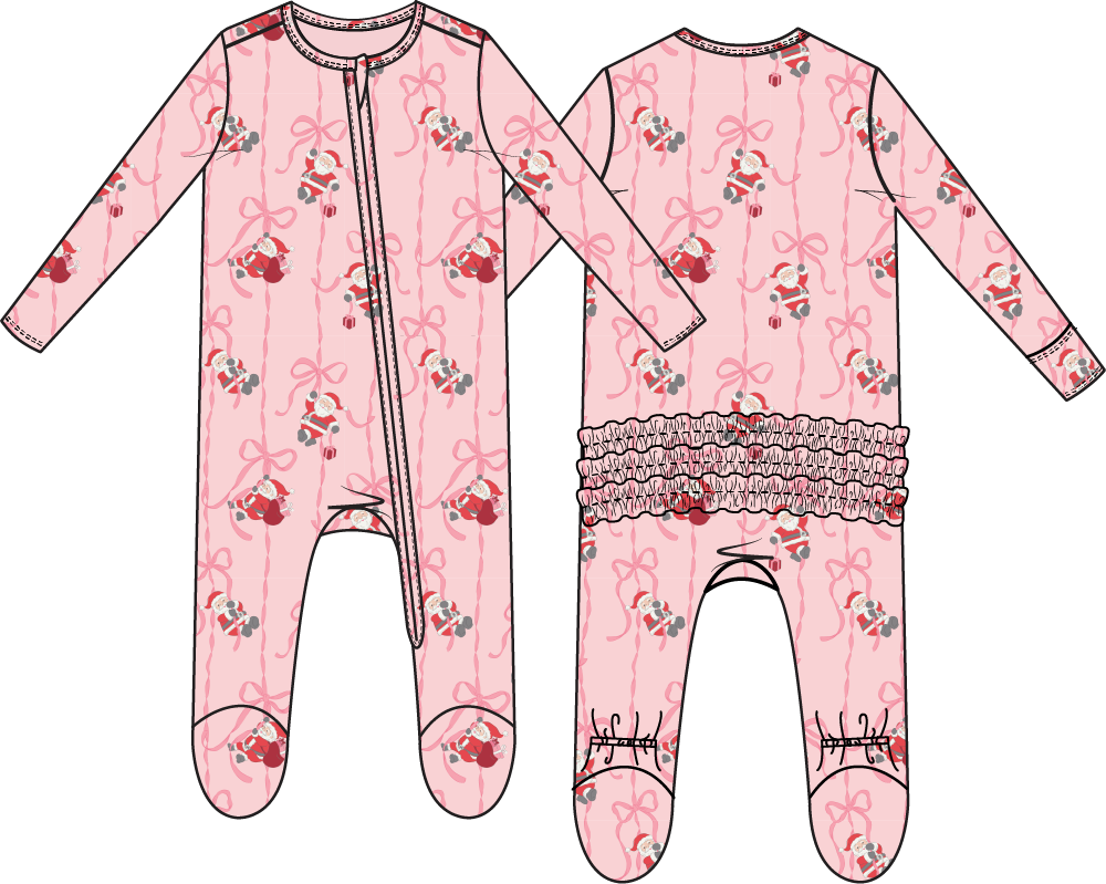 Bows & Santa - 2 Way Ruffle Back Zipper Footie from Anderson Parker