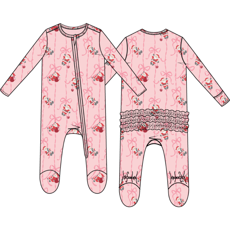 Bows & Santa - 2 Way Ruffle Back Zipper Footie from Anderson Parker