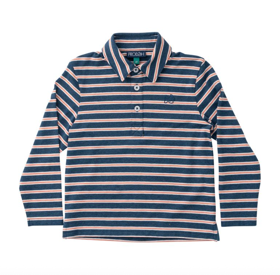 Boys Long Sleeve Too Cool for School Polo - Dark Denim Crabapple Stripe from Anderson Parker