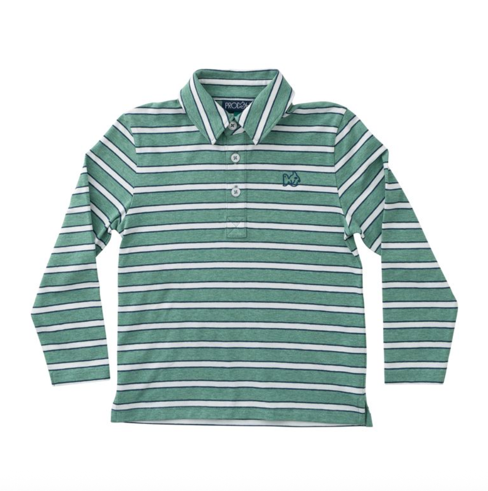 Boys Long Sleeve Too Cool for School Polo - Frosty Spruce Dark Denim Stripe from Anderson Parker