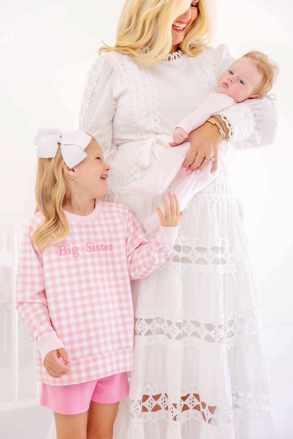 Cassidy Comfy Crewneck - Girls - French Terry - Palm Beach Pink Gingham/Palm Beach Pink/Hamptons Hot Pink/Big Sister from Anderson Parker