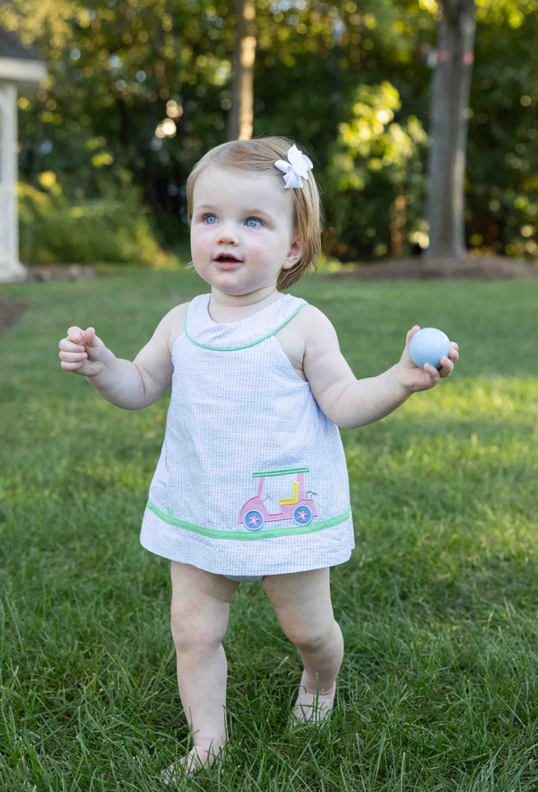 Check Seersucker Skirted Romper with Golf Cart from Anderson Parker