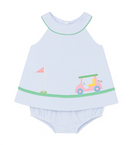 Check Seersucker Skirted Romper with Golf Cart from Anderson Parker