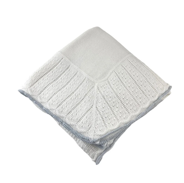 Cotton Jersey Baby Blanket with Knitted Color-Tipped Pointelle Border - Blue from Anderson Parker