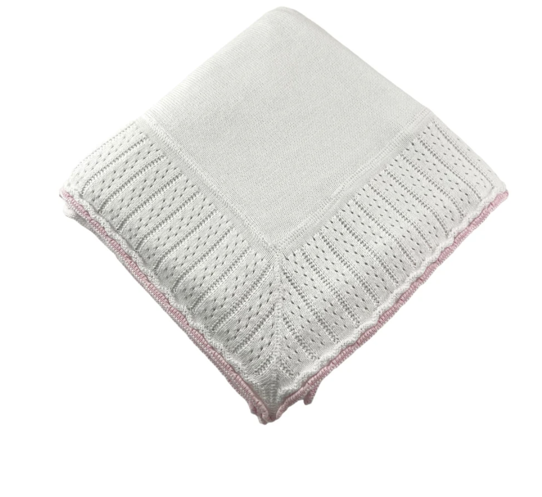 Cotton Jersey Baby Blanket with Knitted Color-Tipped Pointelle Border - Pink from Anderson Parker