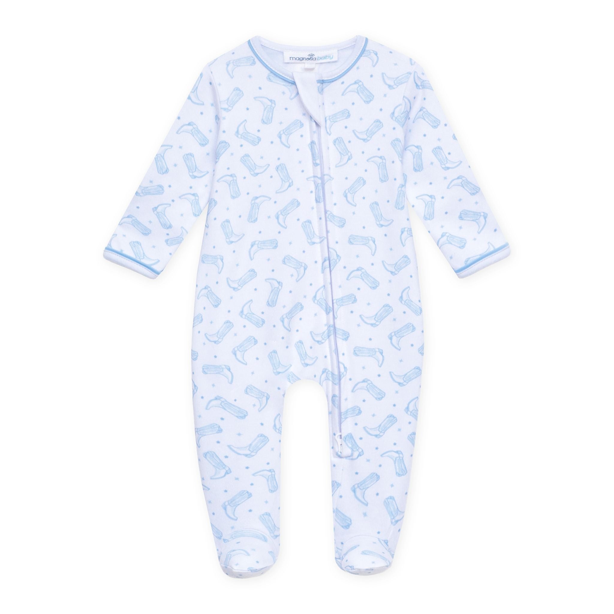 Darling Cowboy Boots Light Blue Print Zip Footie from Anderson Parker