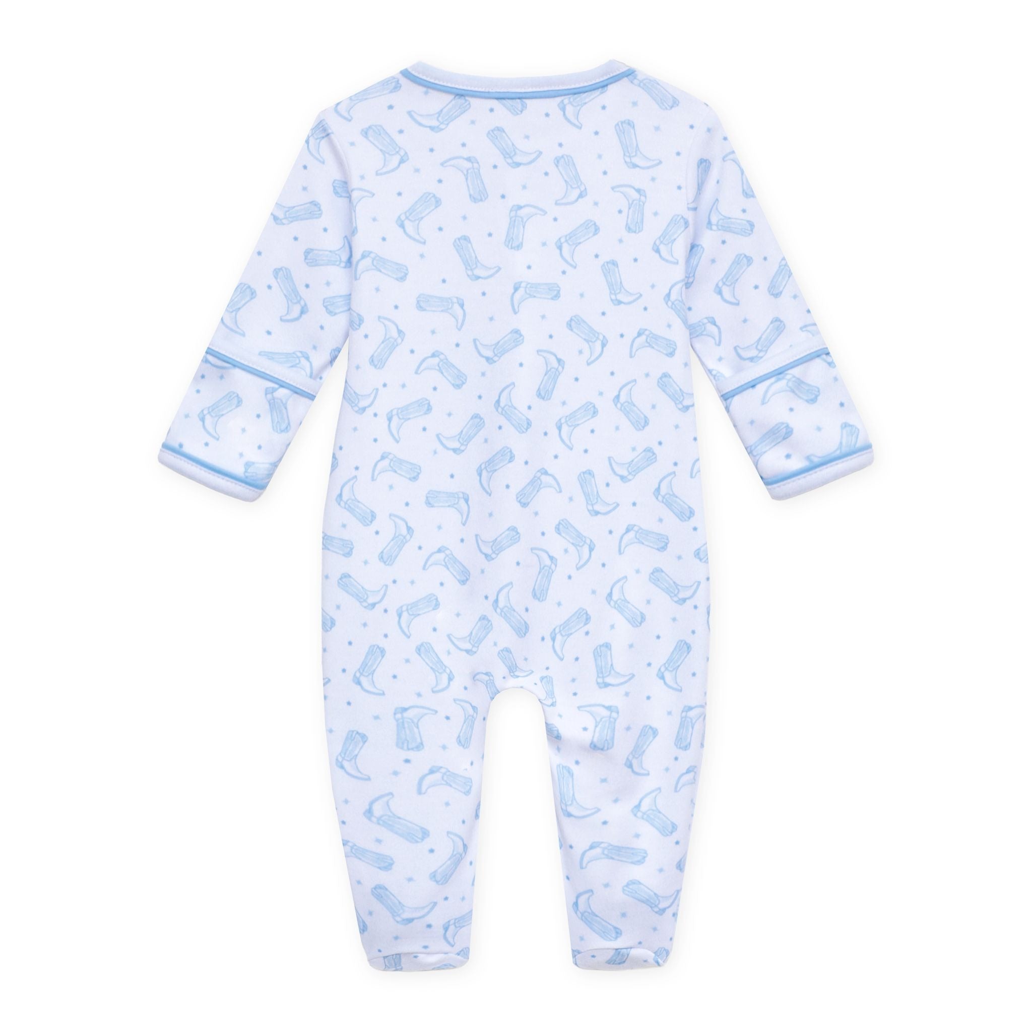 Darling Cowboy Boots Light Blue Print Zip Footie from Anderson Parker