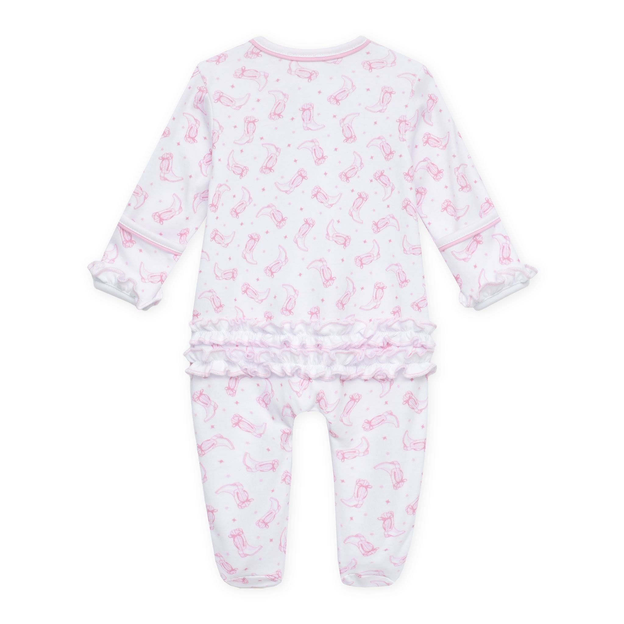 Darling Cowboy Boots Pink Print Ruffle Zip Footie from Anderson Parker