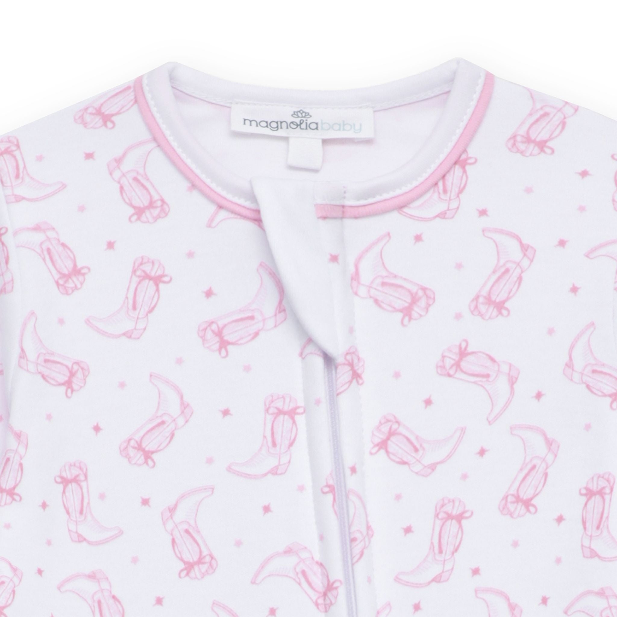 Darling Cowboy Boots Pink Print Ruffle Zip Footie from Anderson Parker