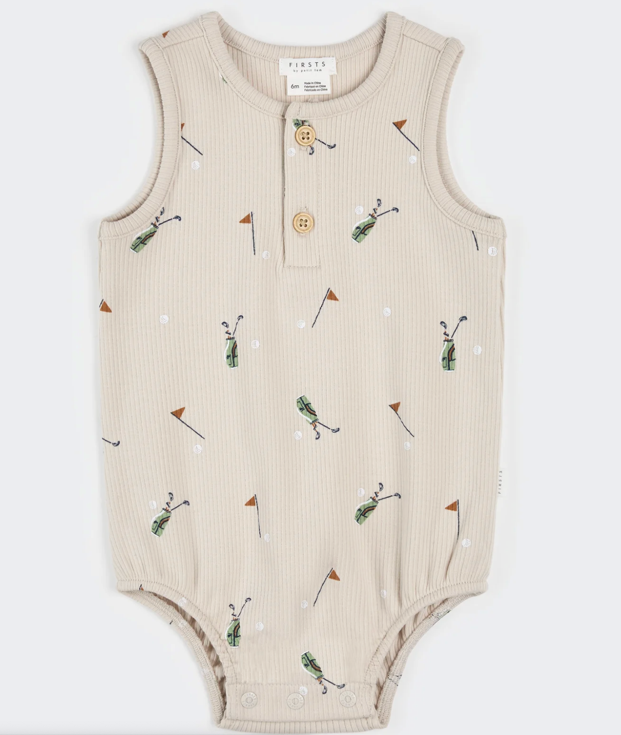 Golf Caddy Print on Sand Ribbed Bubble Romper from Anderson Parker