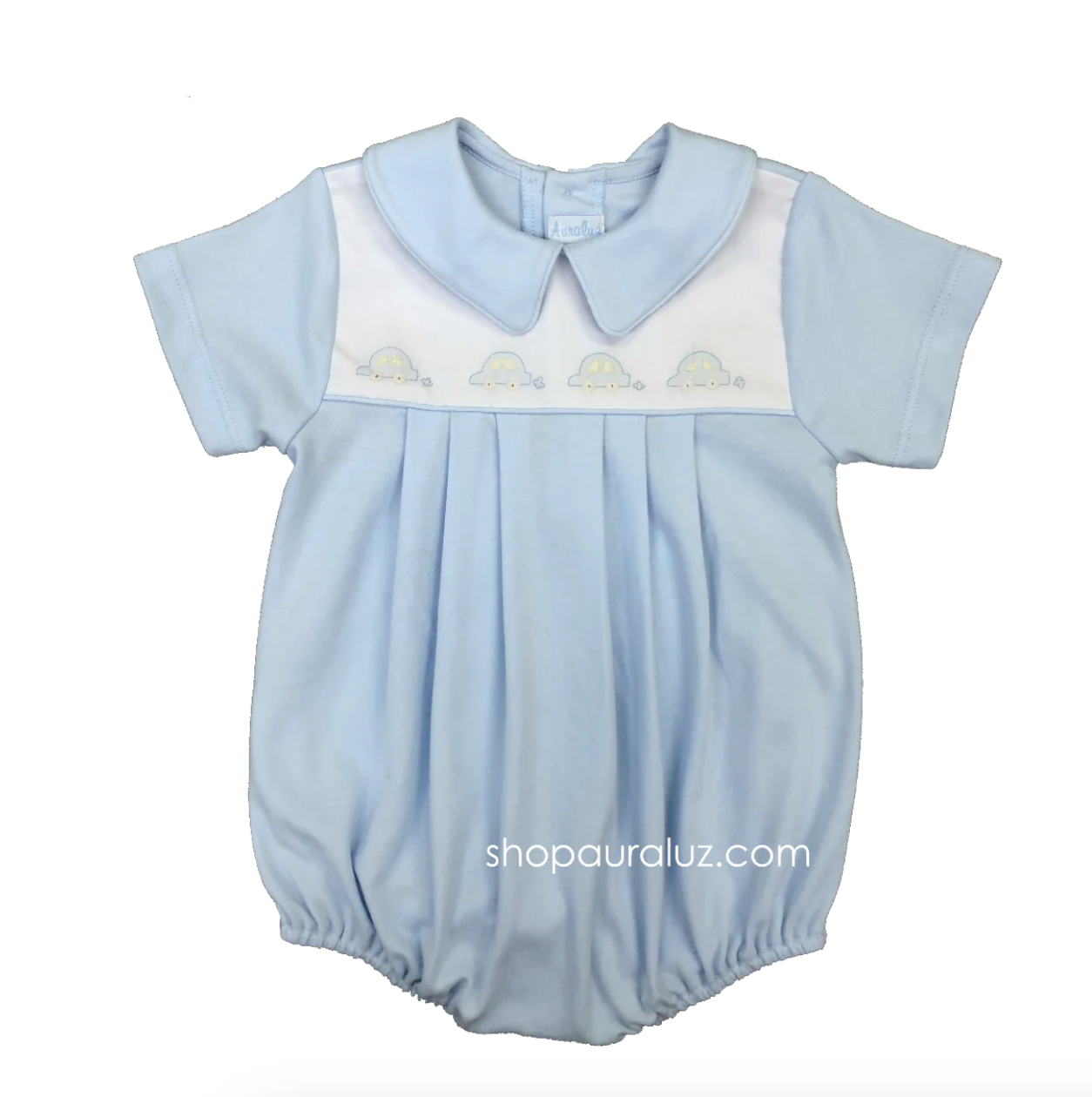 Knit Boy Bubble - Blue with boy collar and embroidered cars from Anderson Parker