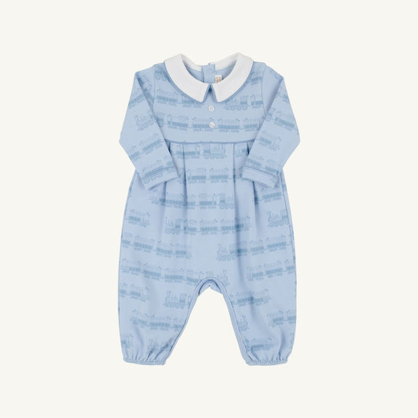 Long Sleeve Bradford Romper - Collar - Heavy Weight - Blue Choo Choos/Worth Ave White from Anderson Parker