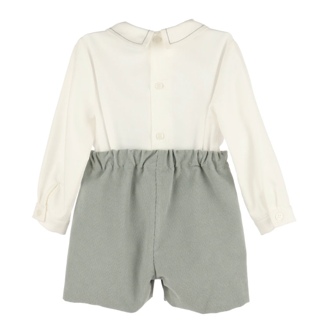 Luli & Me Boys Cozy Cord Shorts Set - Embroidered Shirt - Green from Anderson Parker