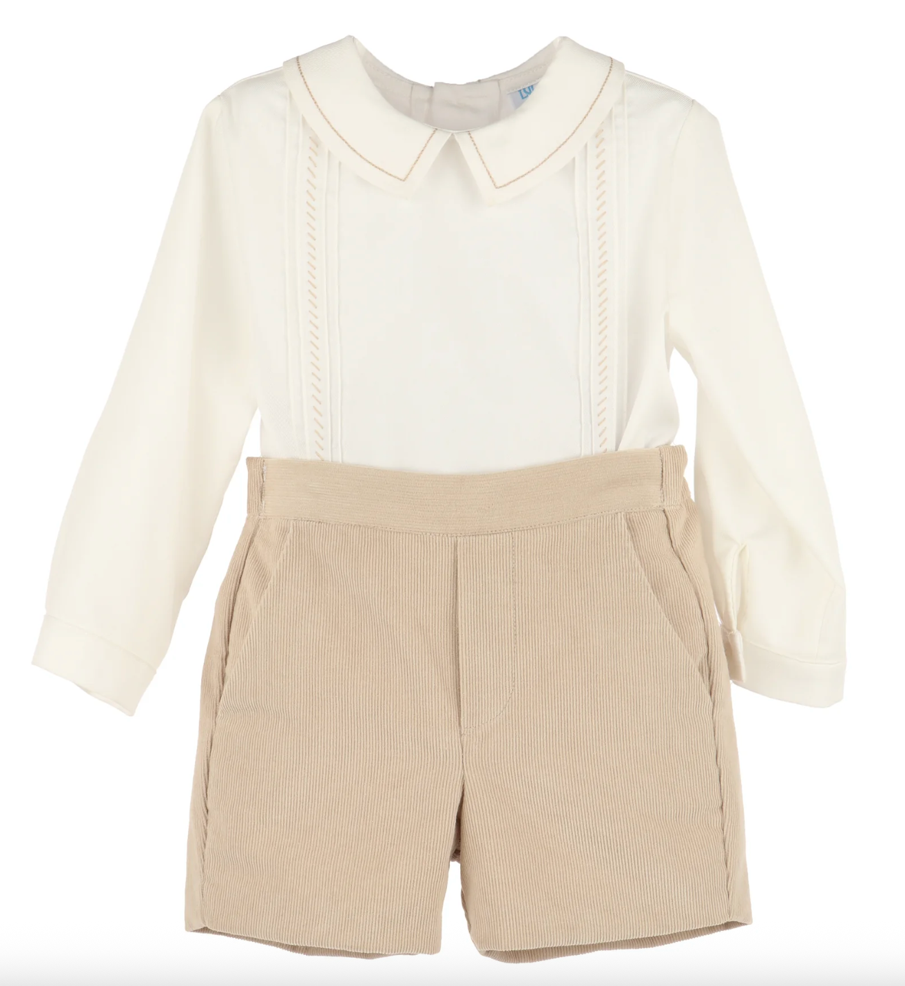 Luli & Me Boys Cozy Cord Shorts Set - Embroidered Shirt - Tan Beige from Anderson Parker