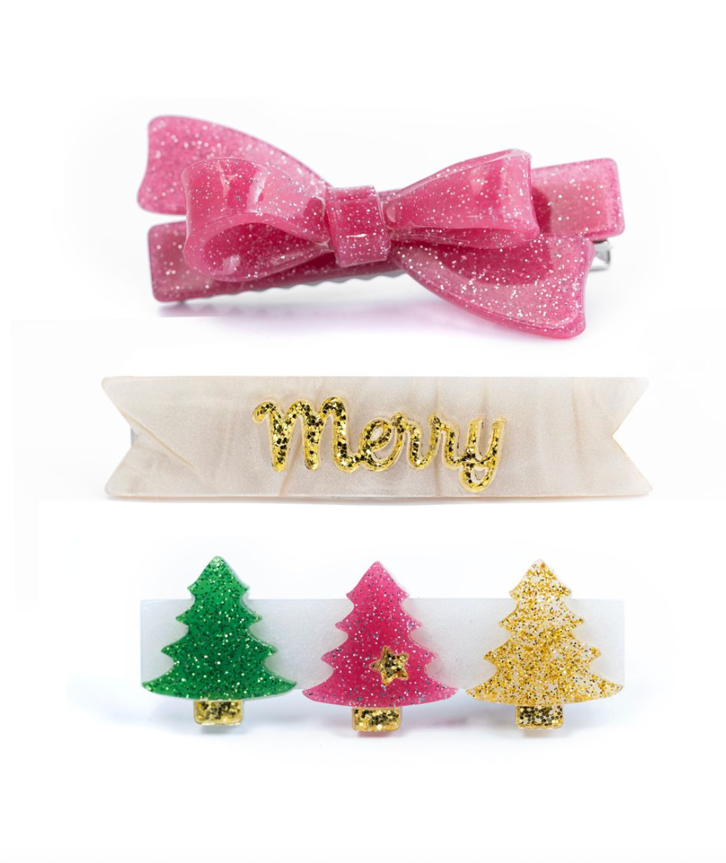 Merry Trees Vintage Glitter Bow Hair Clips from Anderson Parker