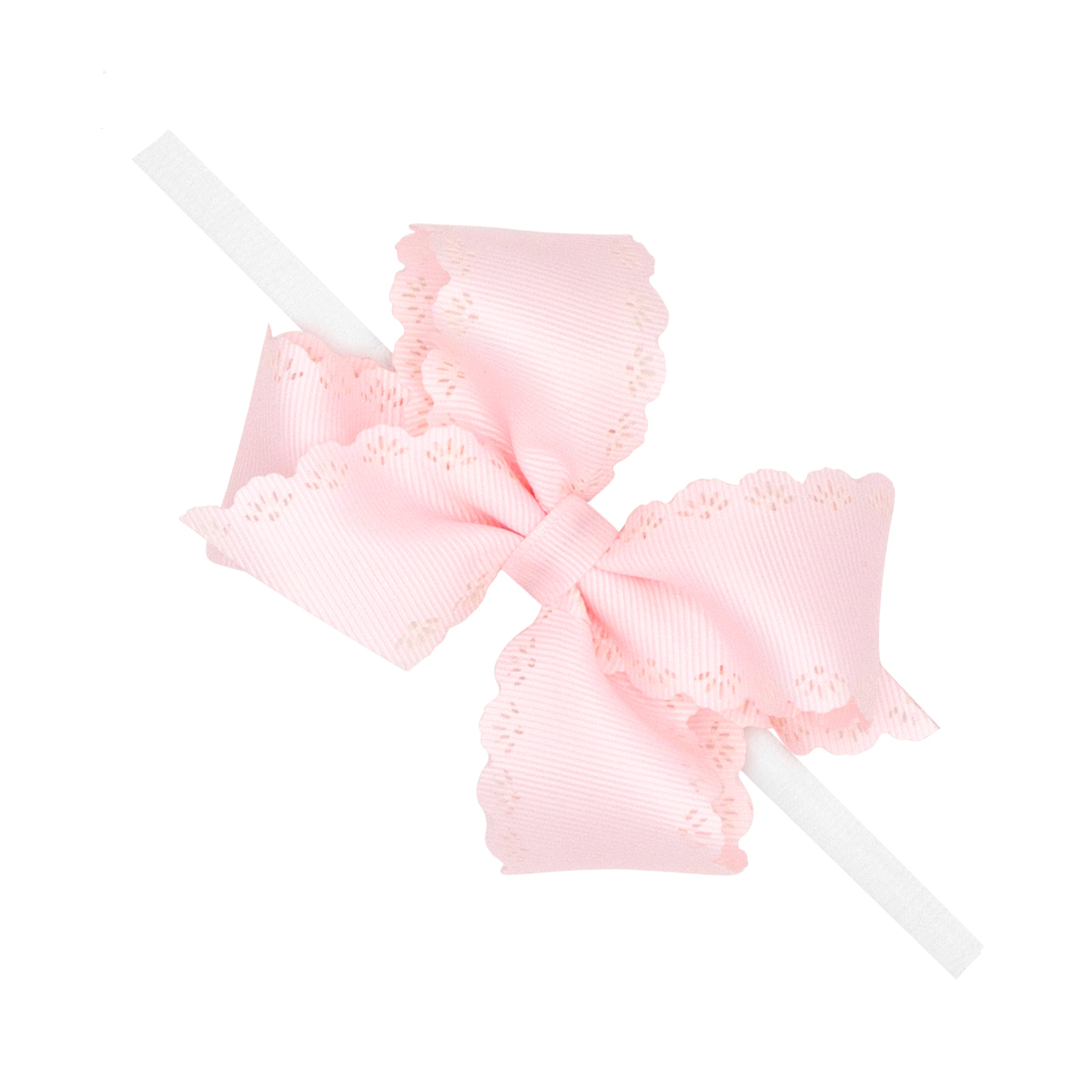 POWDER PINK - Small Grosgrain Hair Bow with Embossed Eyelet Edge on White Nylon Band from Anderson Parker