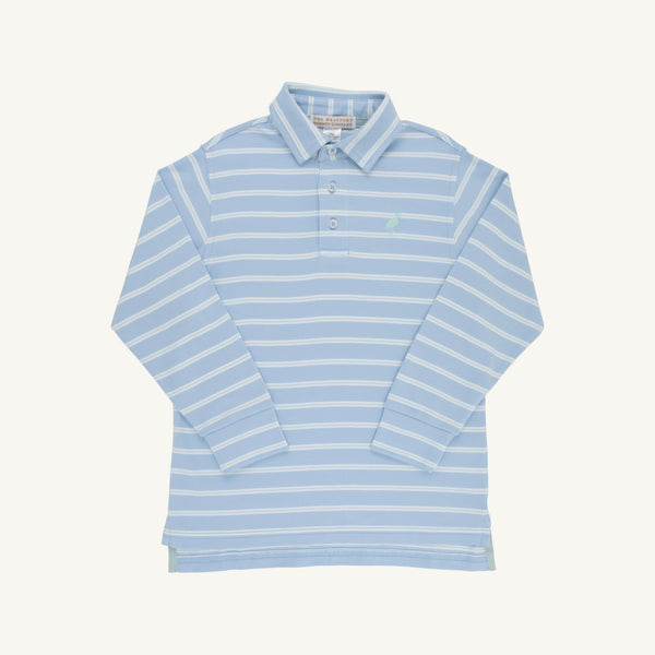Prim And Proper Polo Long Sleeve - Sarasota Sky Worth Ave White and Old Greenwich Green Stripe/Old Greenwich Green from Anderson Parker