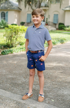 Prim & Proper Polo - Nantucket Navy Stripe with Multicolor Stork from Anderson Parker