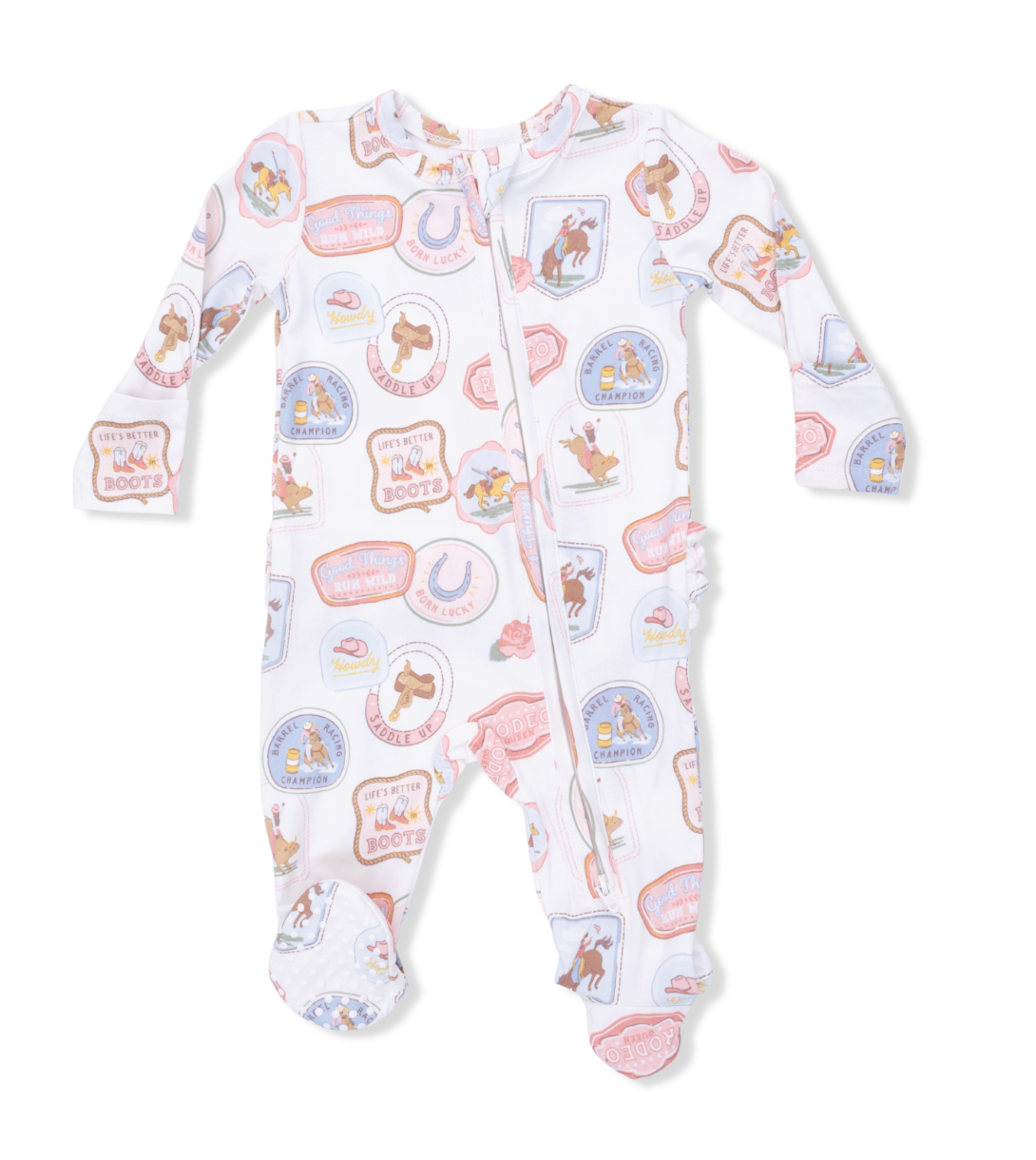 Rodeo Patches Pink - 2 Way Ruffle Back Zipper Footie from Anderson Parker