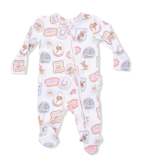 Rodeo Patches Pink - 2 Way Ruffle Back Zipper Footie from Anderson Parker