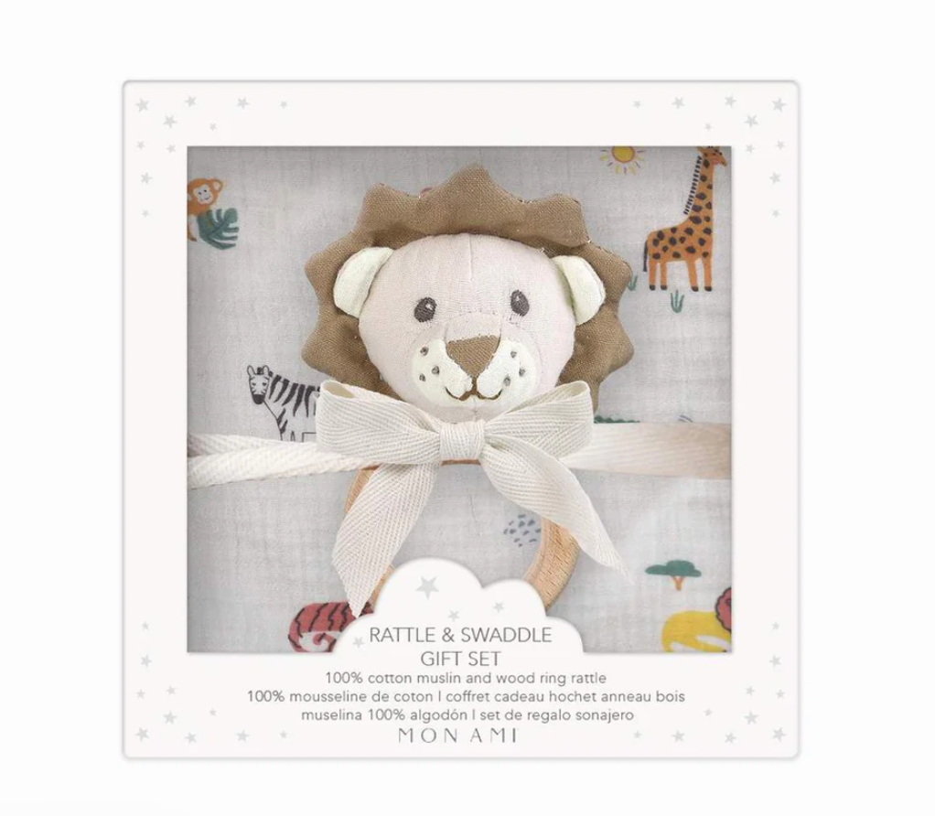Safari Swaddle & Lion Rattle Gift Set - Anderson Parker