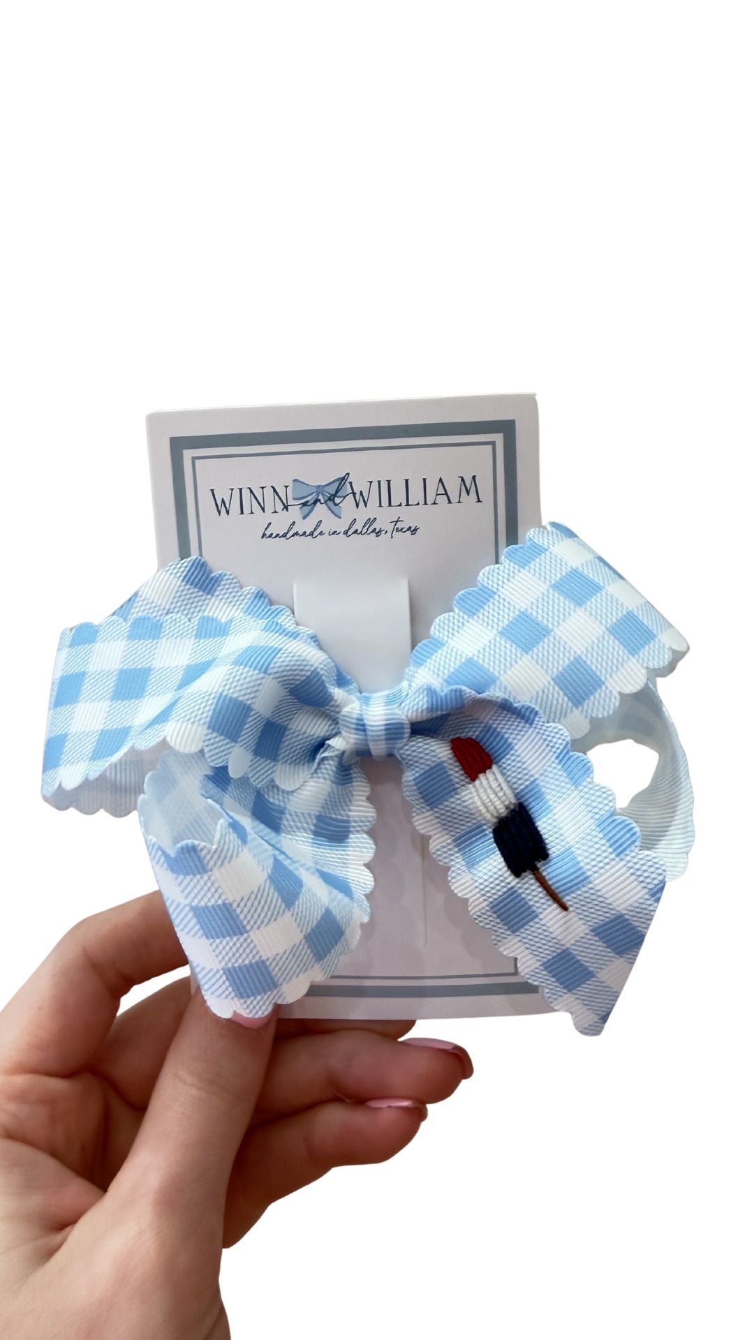 Scallop Via Clip Bow - Blue Gingham Bomb Pop from Anderson Parker