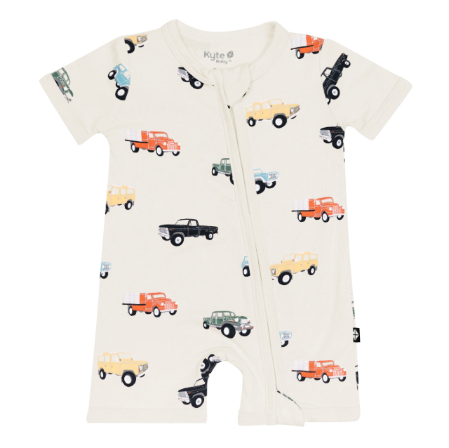 Zippered Shortall Romper in Vintage Truck from Anderson Parker