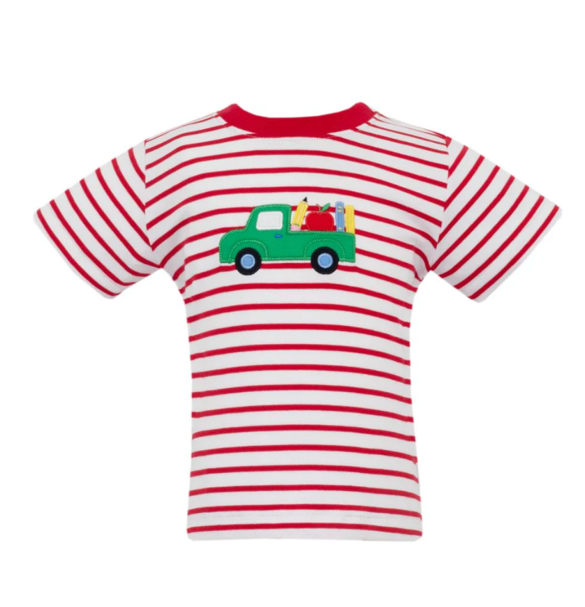 Boys Red Striped Shirt and Short Set - School Supplies Truck from Anderson Parker