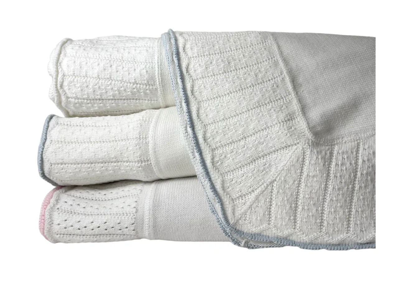 Cotton Jersey Baby Blanket with Knitted Color-Tipped Pointelle Border - Blue from Anderson Parker