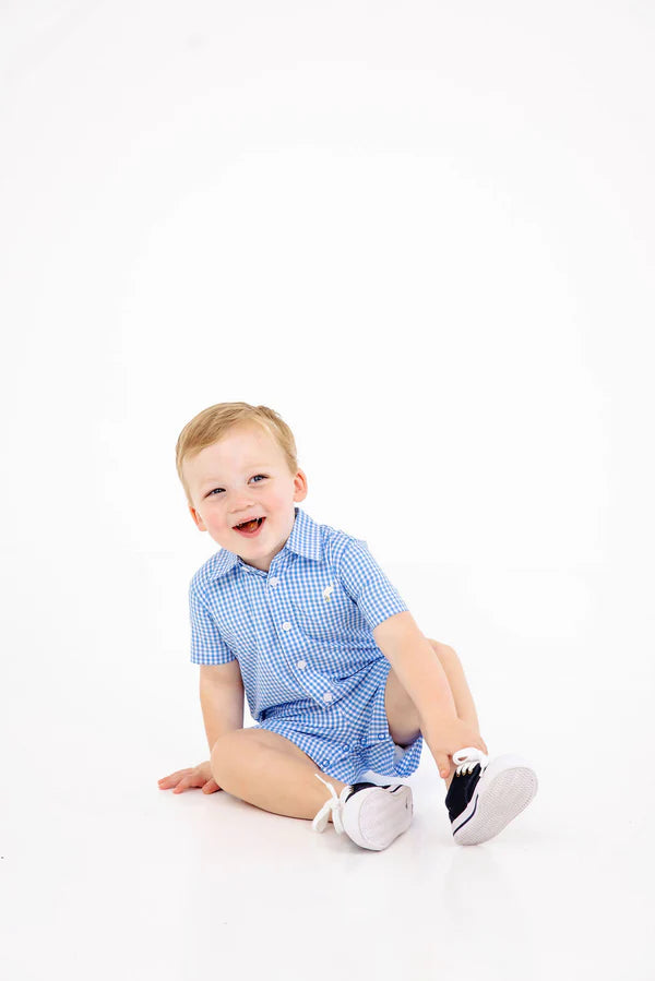 Sir Proper's Romper - Sunrise Blvd. Blue Mini Gingham with Worth Avenue White from Anderson Parker