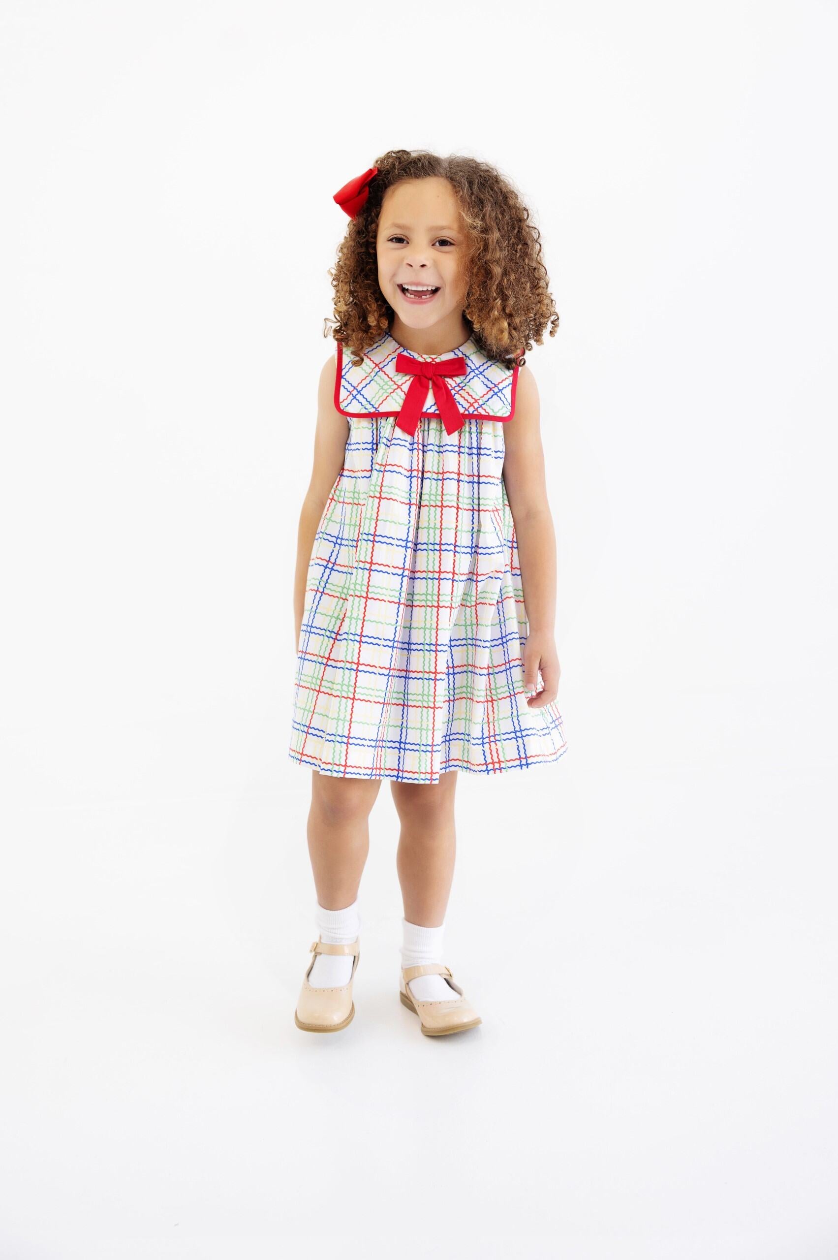 Sleeveless Stewart's Square Collar Dress - Wellington Windowpane/Richmond Red from Anderson Parker