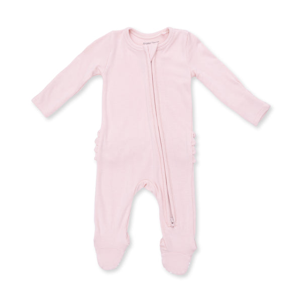 Solid Veiled Pink Rib - 2 Way Ruffle Back Zipper Footie from Anderson Parker